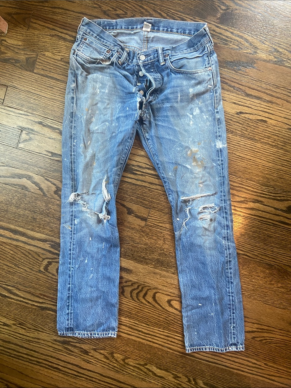 RRL selvage denim- painted in loved on hard Holes in knees big hole in crotch